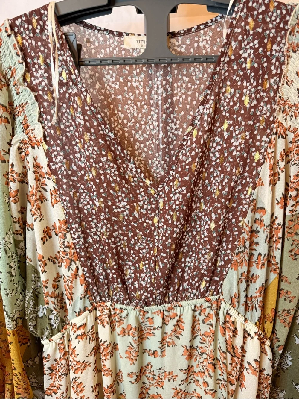 Umgee Women’s size XL Boho Patchwork Floral Maxi Dress - Sage, Mustard & Brown - Picture 3 of 9